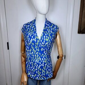 J.McLaughlin Blue Abstract Print Faux Wrap Top Size Large